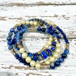 Chunky Mother of Pearl, Lapis Lazuli & Gold Hematite Triple Wrap Bracelet